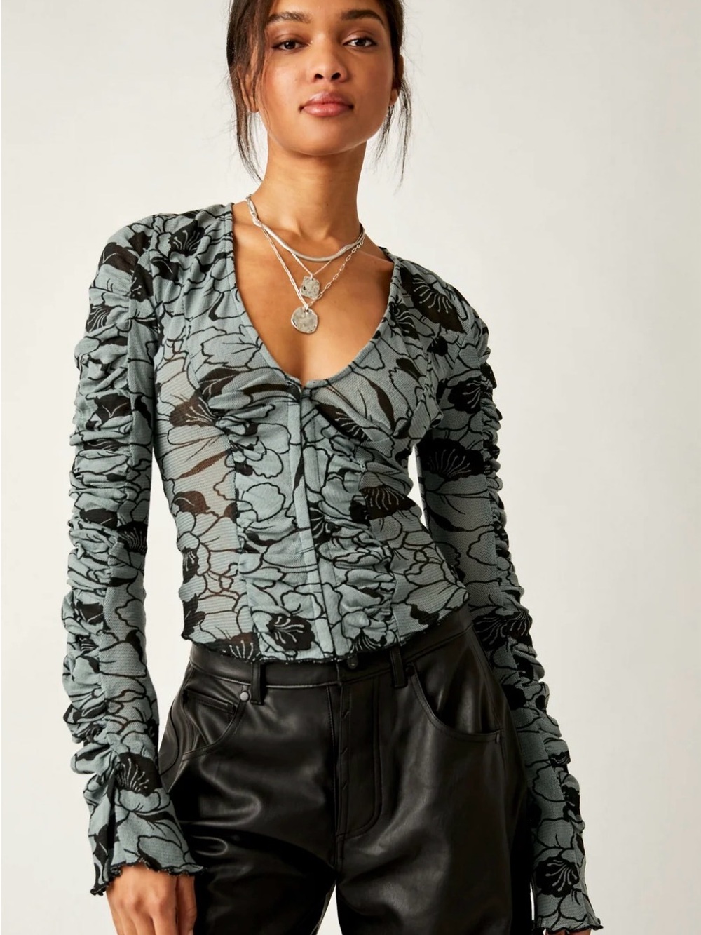 Free People Sage Floral Ruched V-Neck Long Sleeve Top